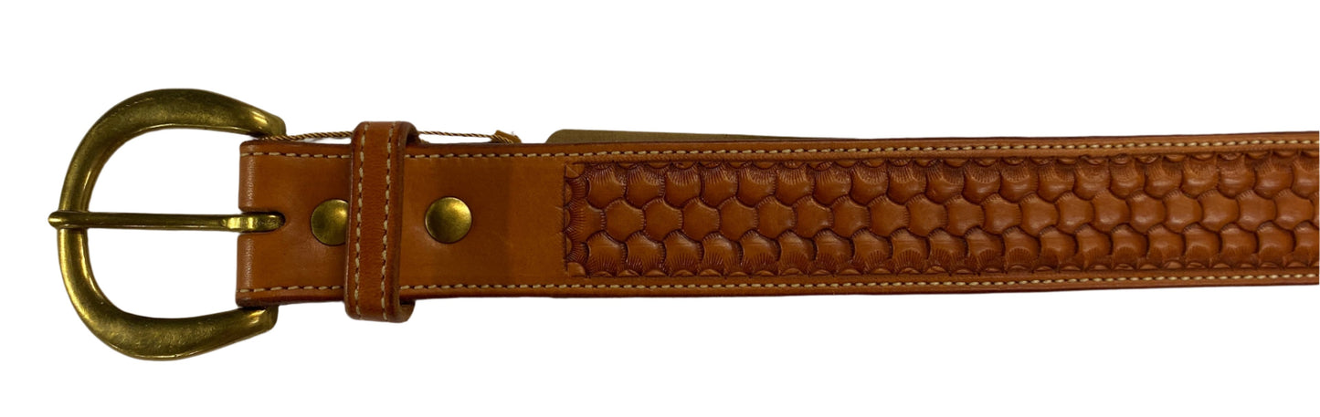 Belt 1118, 34", natural color, with tooling design, rounded brass buckle