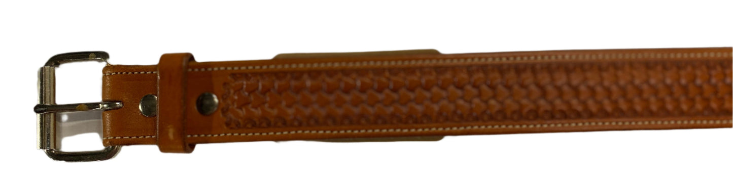 Belt 1119, 30", natural color, with tooling design and silver roller buckle
