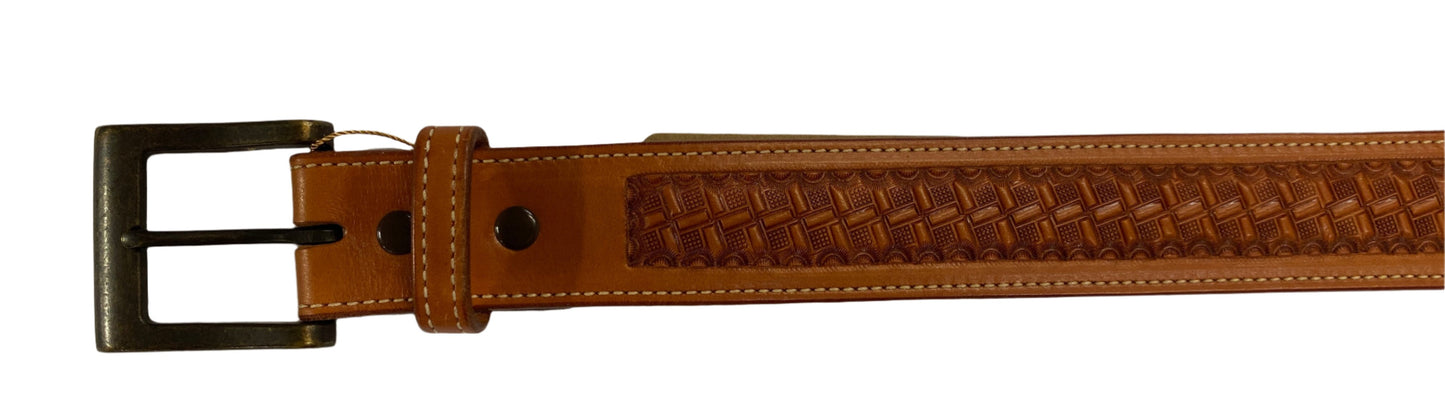 Belt 1120, 32", natural color, with tooling design and square bronzed buckle