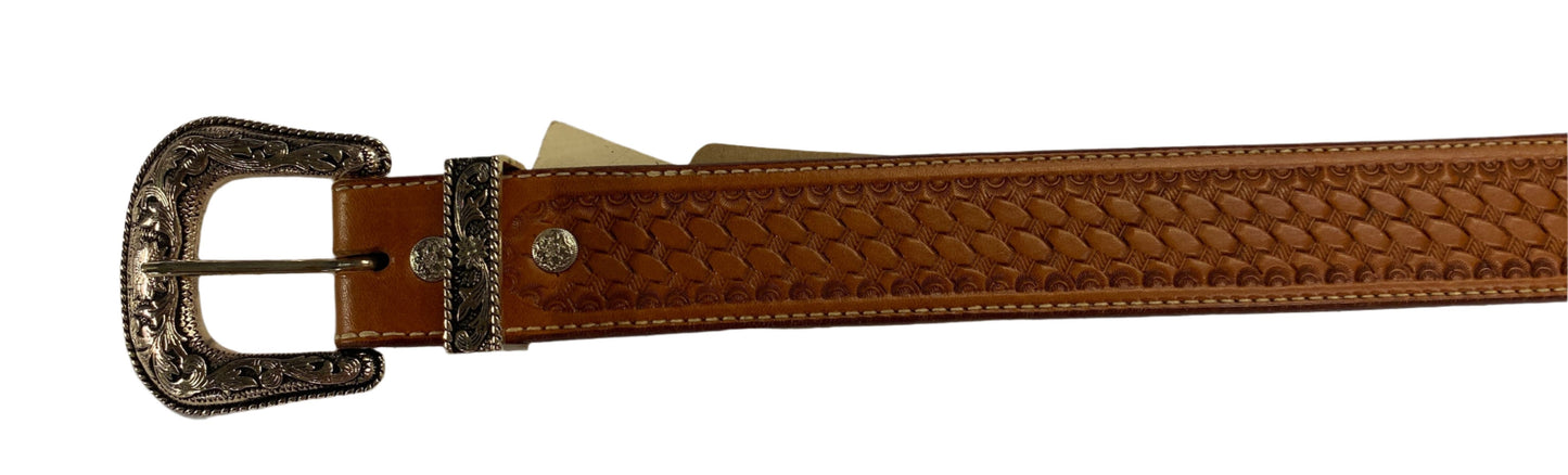 Belt 1122, 32", natural color with tooling design and fancy silver buckle and hardware. Also has hardware at tip of belt