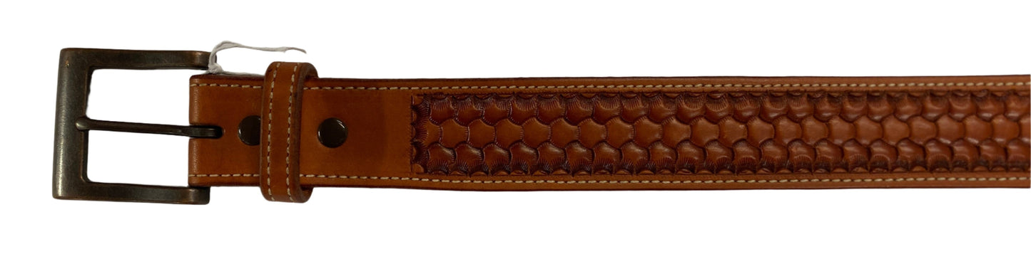 Belt 1123, 32" natural color with tooling design and square buckle