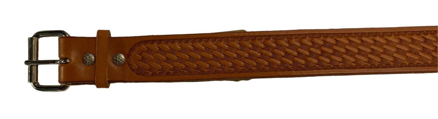 Belt 1124, 34" mahogany color with tooling design and silver roller buckle