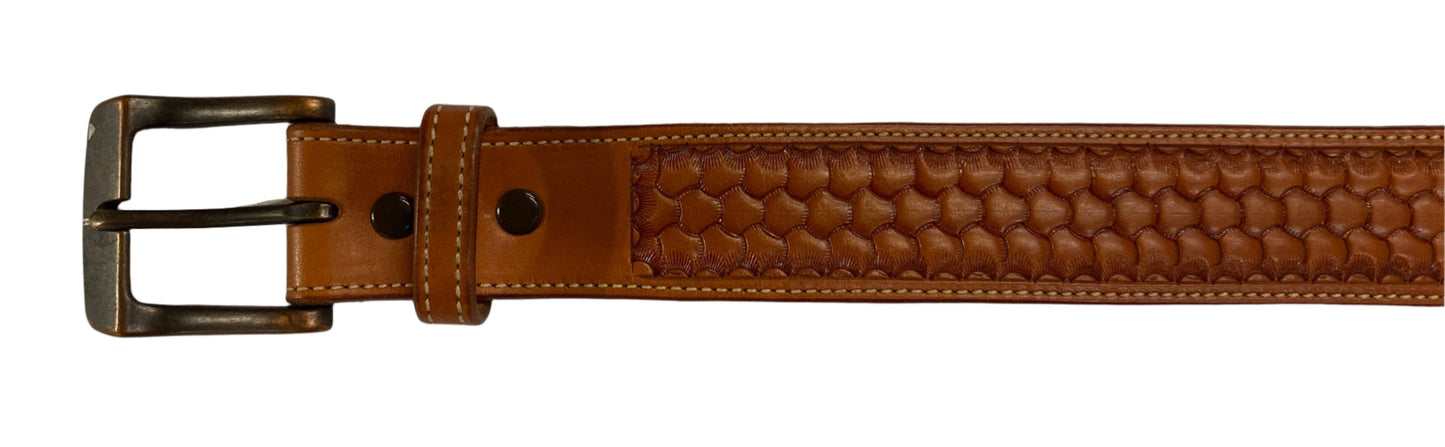 Belt 1127, 32" natural color with tooling design and square buckle