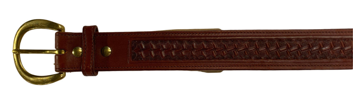 Belt 1129, 43", deep oiled chestnut color with tooling design and rounded brass buckle