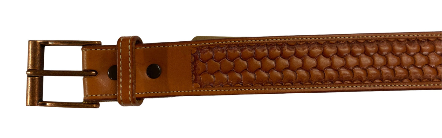 Belt 1130, 34", natural color with tooling design and square bronze buckle