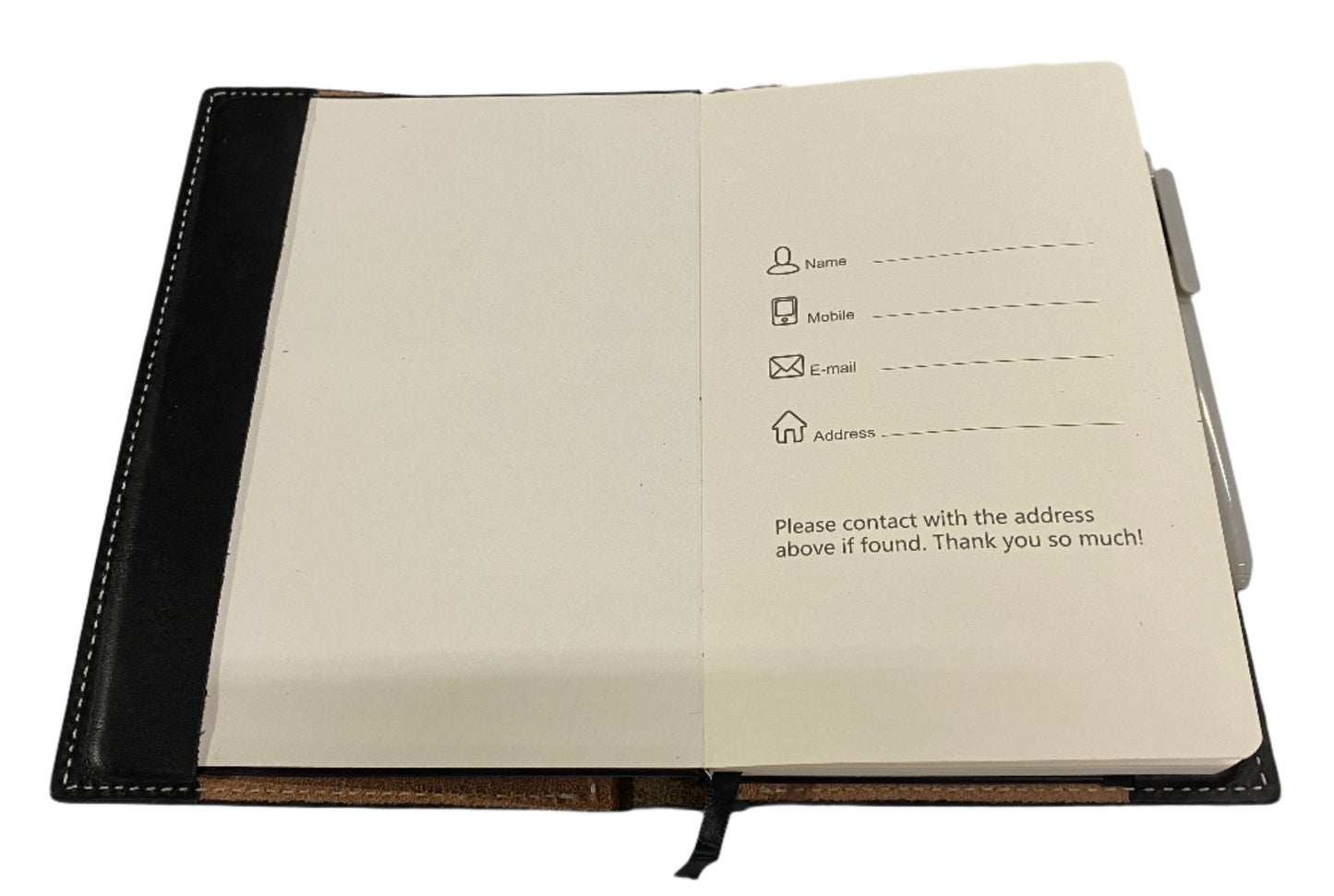 Inside cover page of Journal with lines for name, address, phone and email