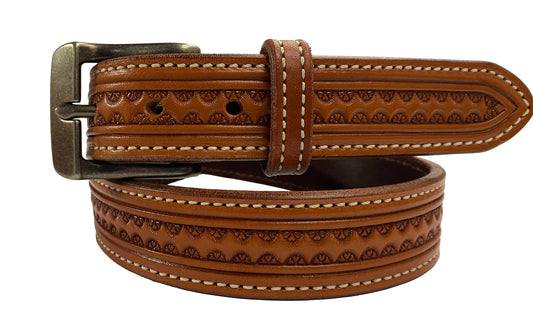 Ladies Leather belt with tooling design, 1.25" width