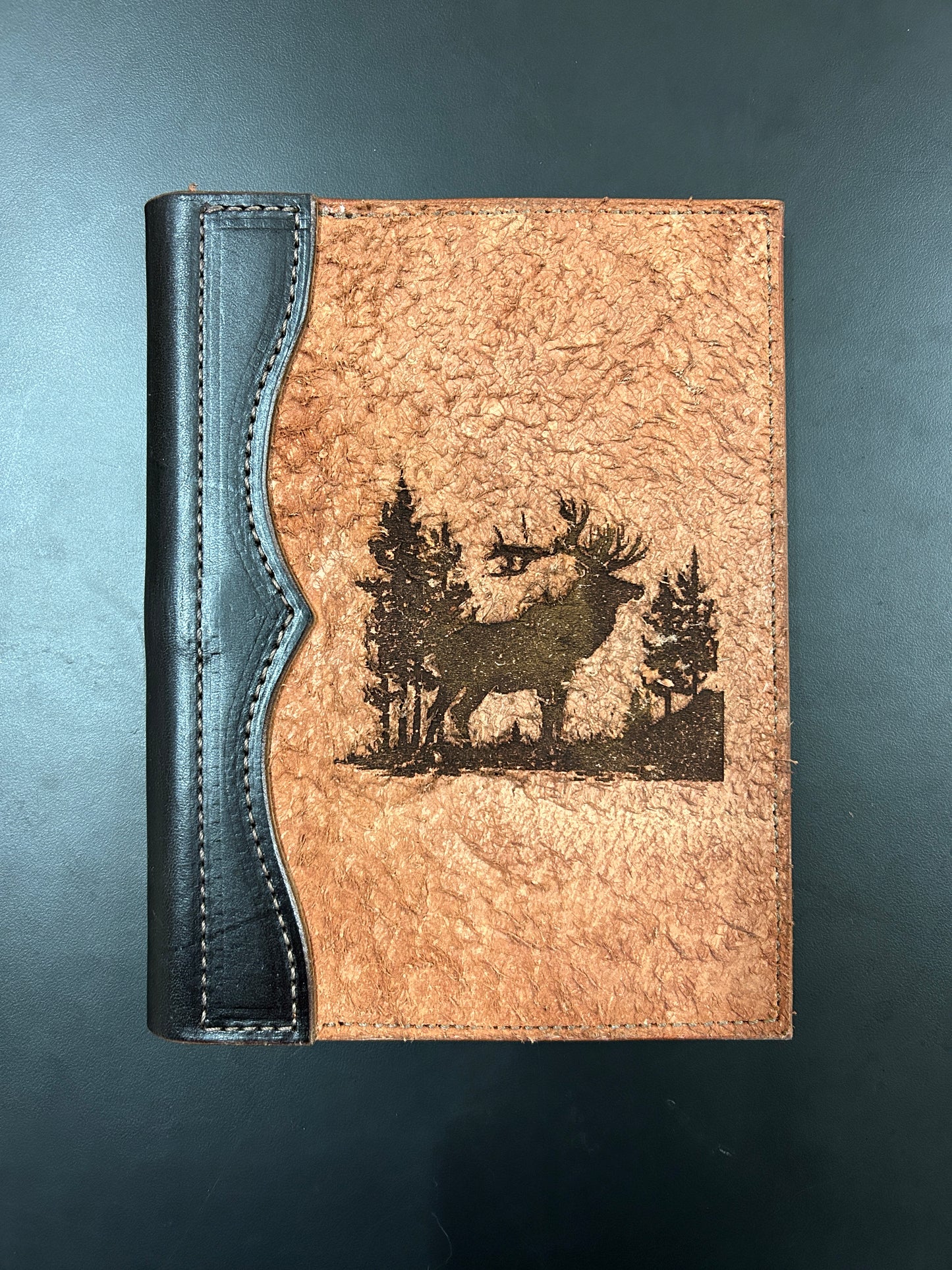 Leather padfolio, small, roughout cover with laser engraved design