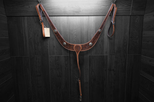 Breastcollar, Pulling Collar, hand tooled with conchos