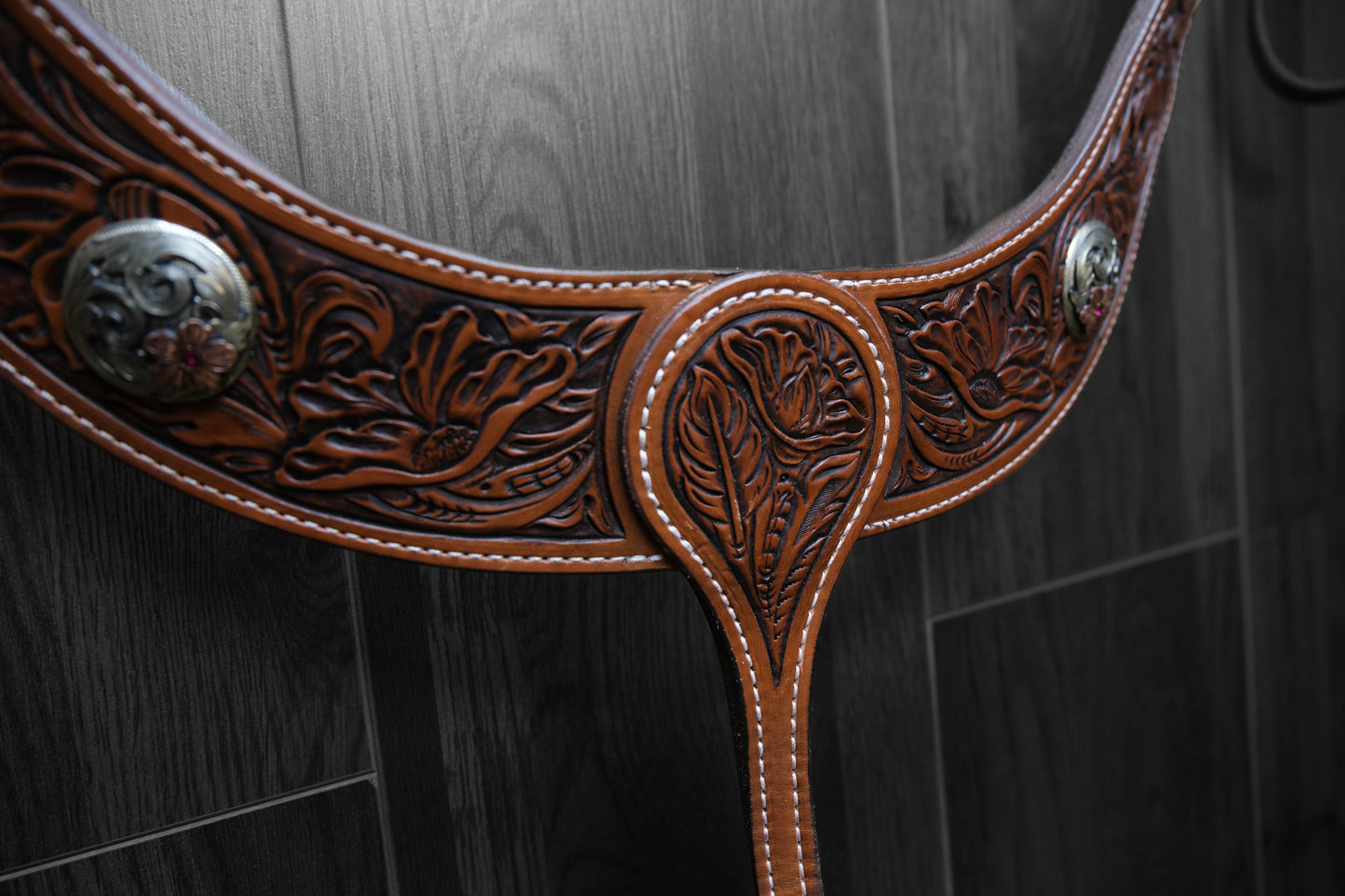 Breastcollar, Pulling Collar, hand tooled with conchos