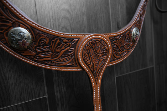 Breastcollar, Pulling Collar, hand tooled with conchos
