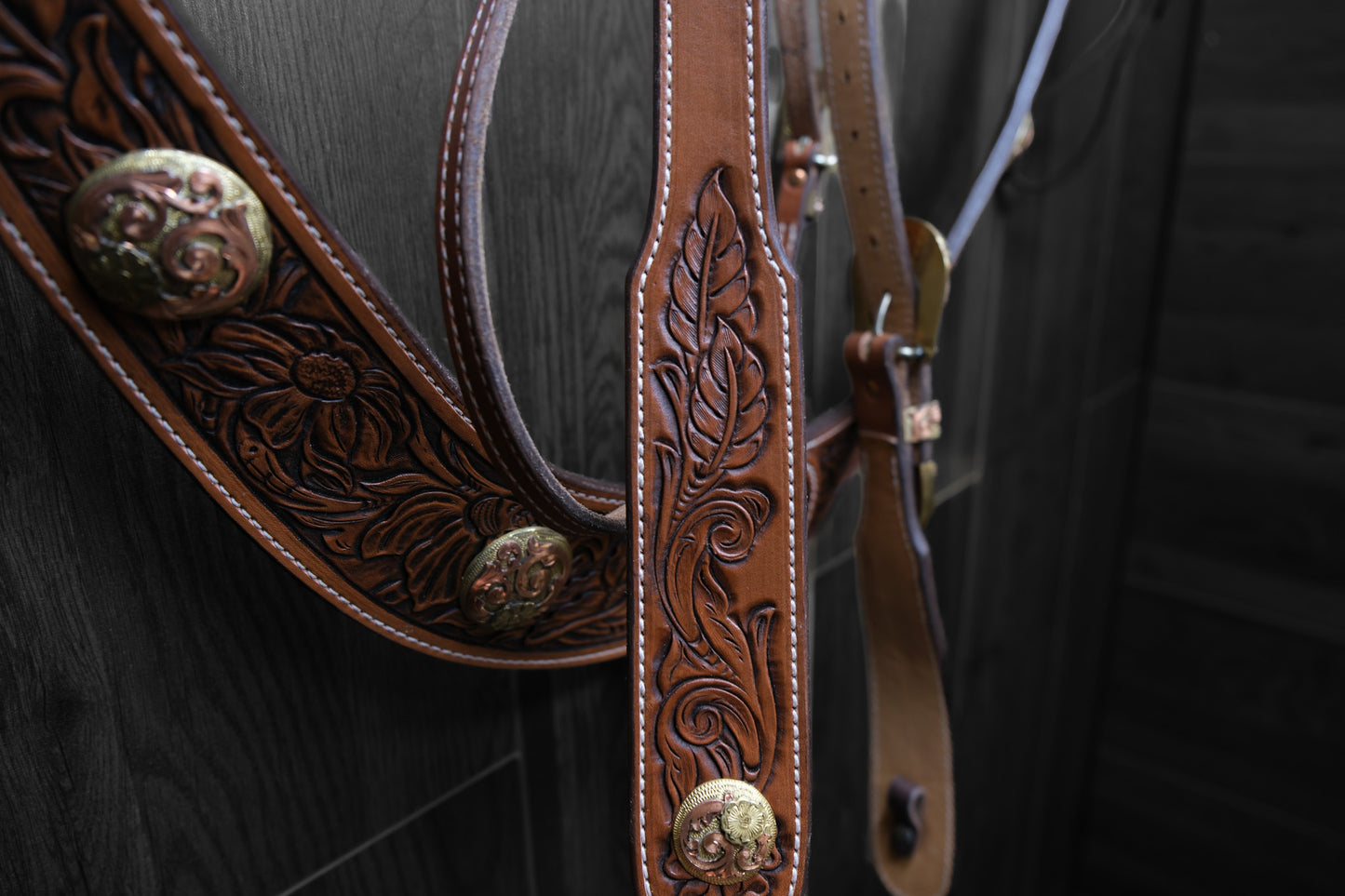 Breastcollar, Pulling Collar and Headstall, hand tooled and painted