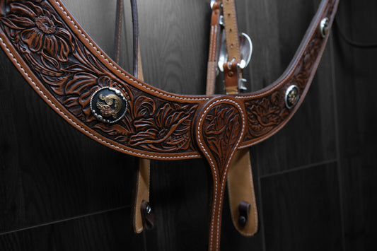 Breastcollar, Pulling Collar and Headstall, hand tooled and painted