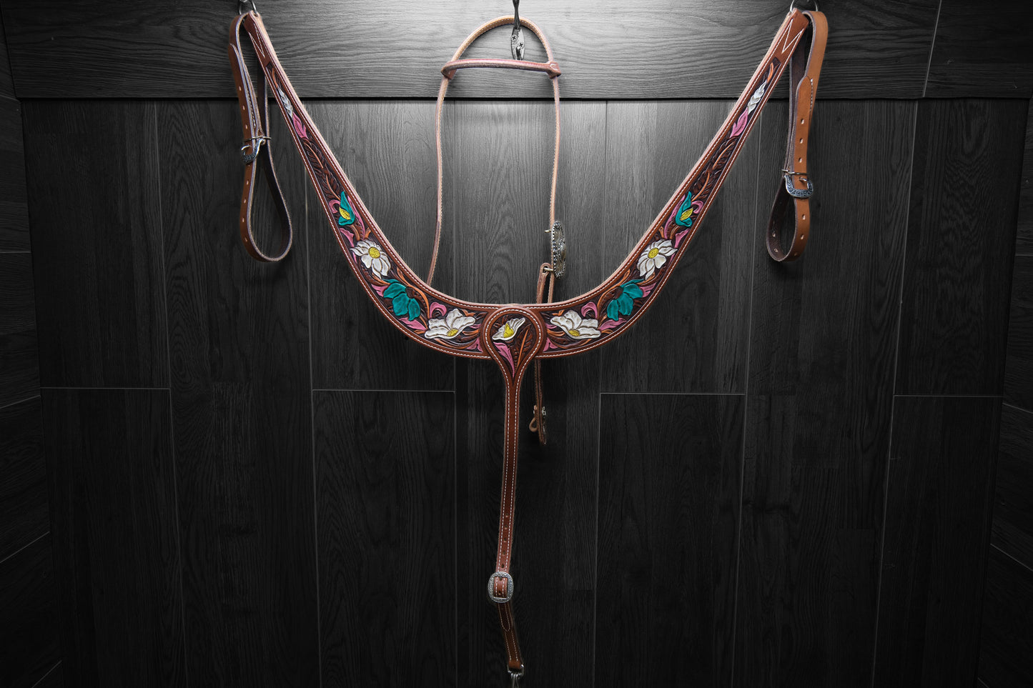 Breastcollar, Pulling Collar and One Ear Headstall, hand tooled and painted