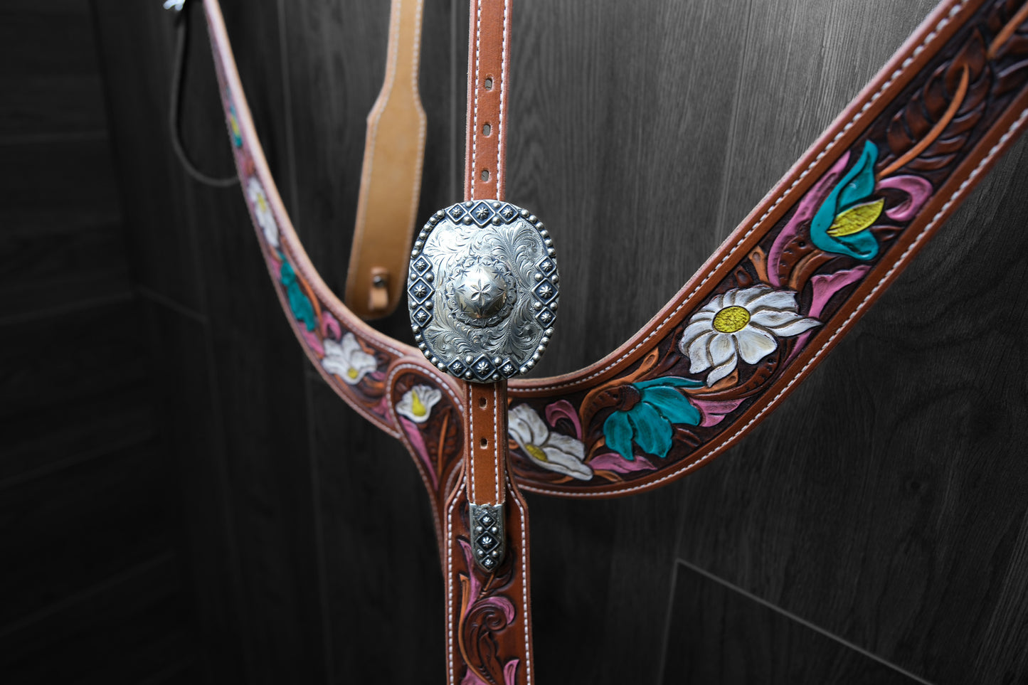Breastcollar, Pulling Collar and One Ear Headstall, hand tooled and painted