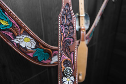 Breastcollar, Pulling Collar and One Ear Headstall, hand tooled and painted