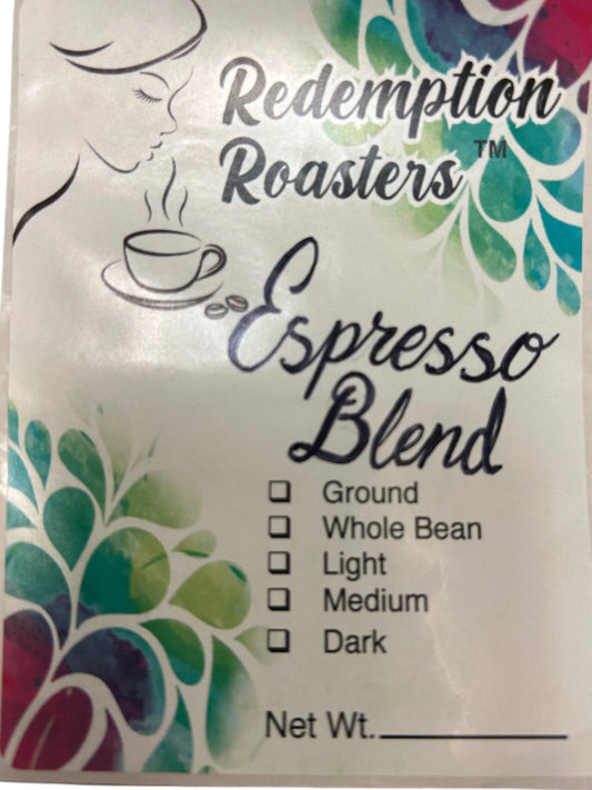 Coffee bag labeled 'Redemption Roasters Espresso Blend' 