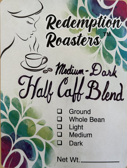 redemption roasters label for half- caffeine blend
