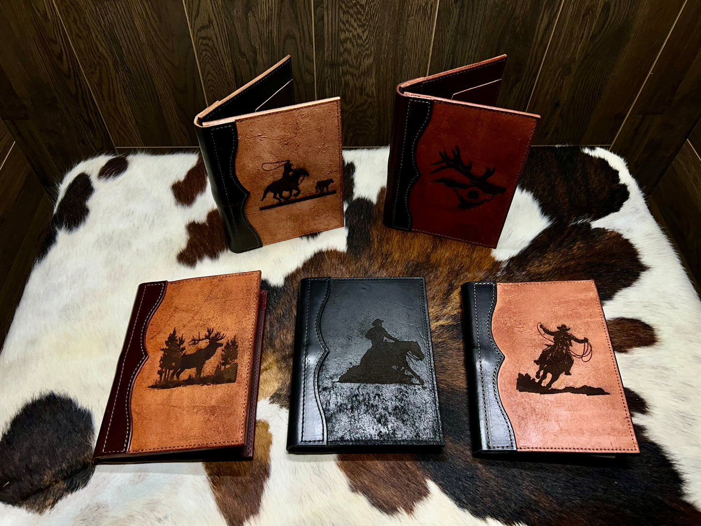 Leather padfolio, small, roughout cover with laser engraved design