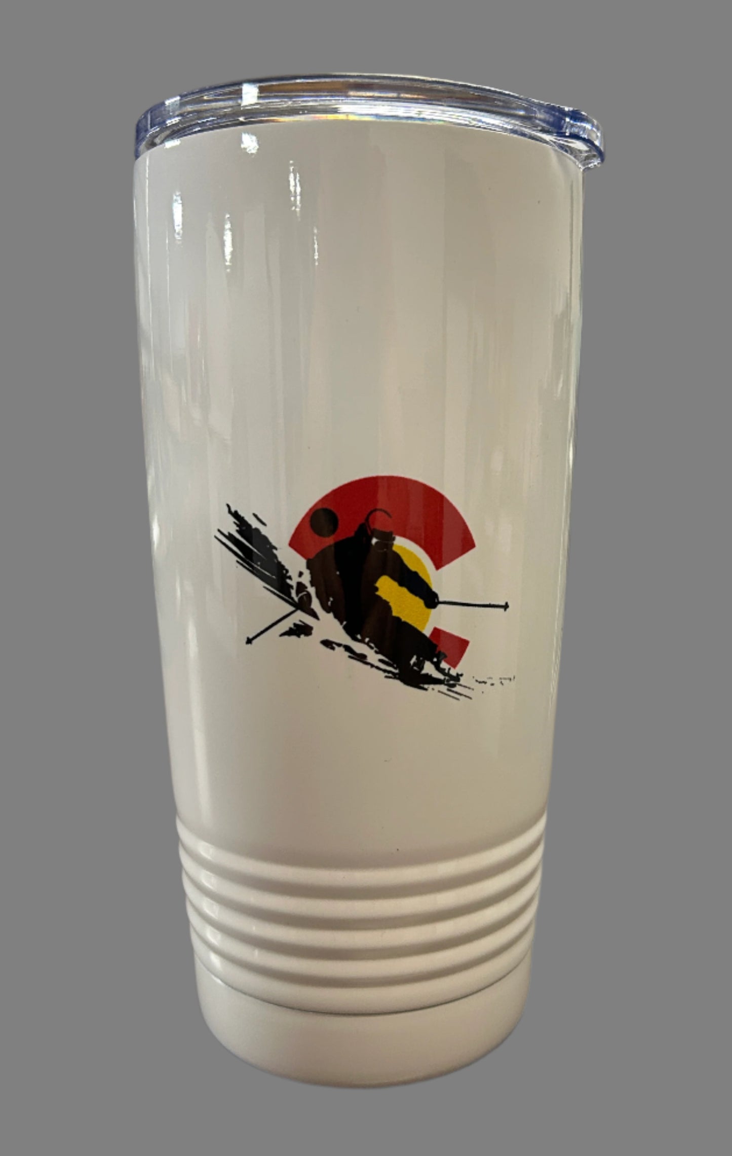 water tumbler with skier image