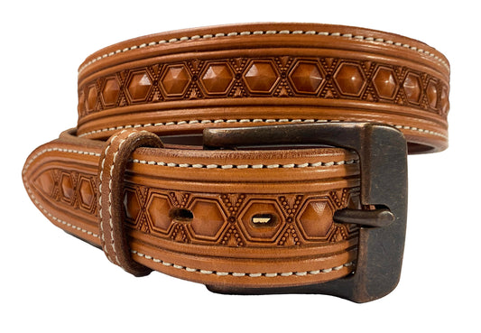 Natural colored belt with Pluto tooling and antique brass buckle