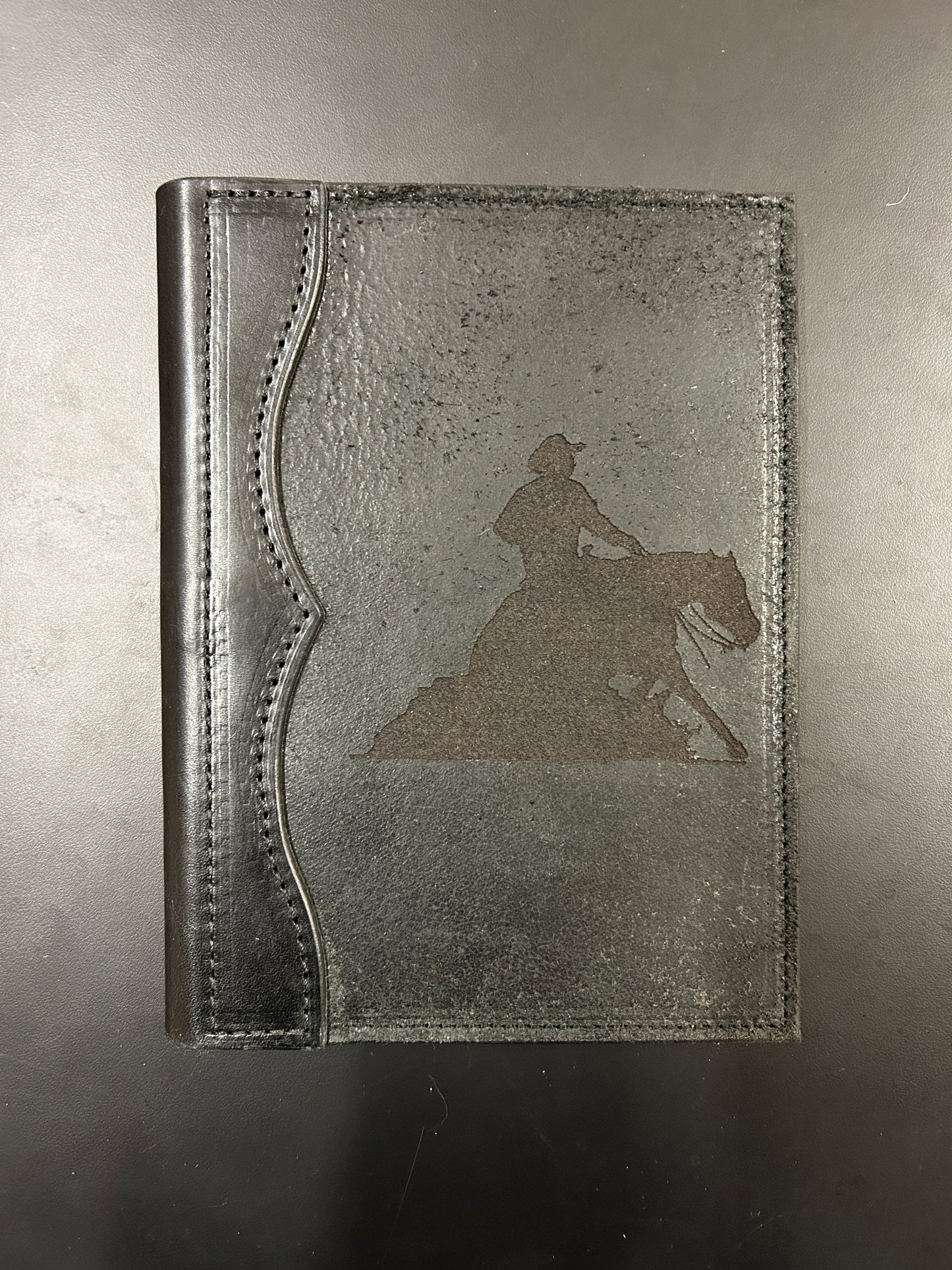 Leather padfolio, small, roughout cover with laser engraved design