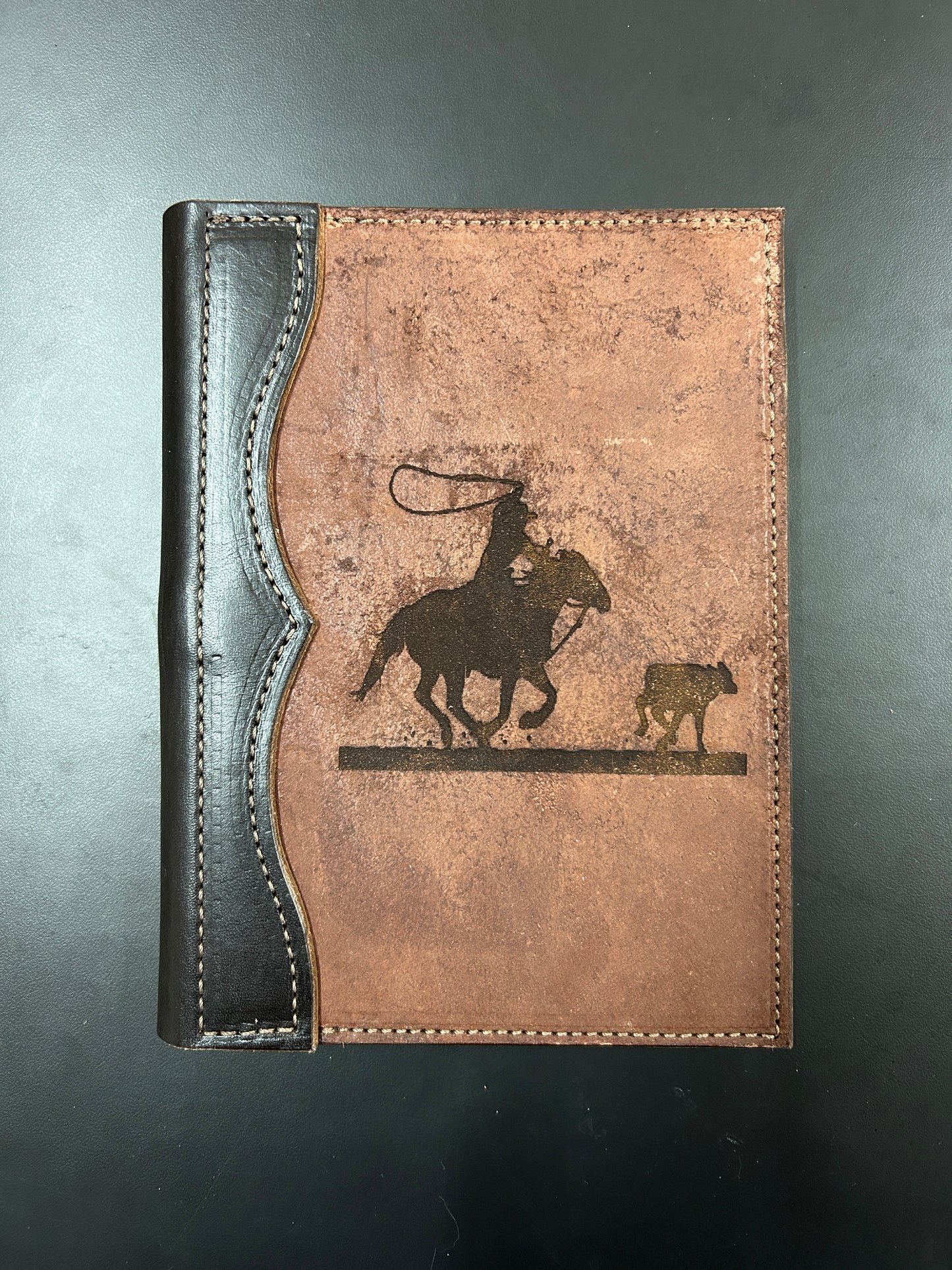 Leather padfolio, small, roughout cover with laser engraved design