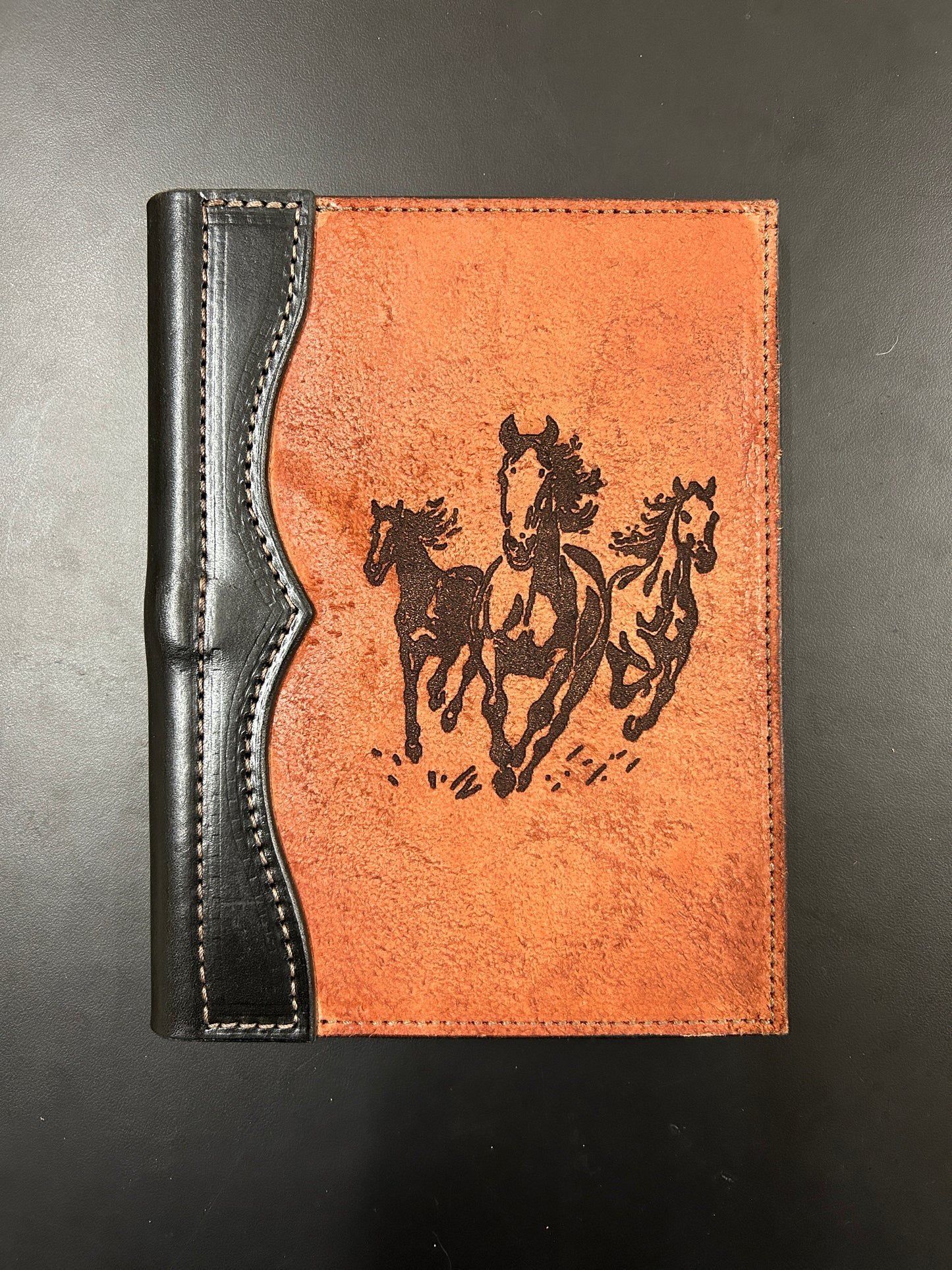 Leather padfolio, small, roughout cover with laser engraved design