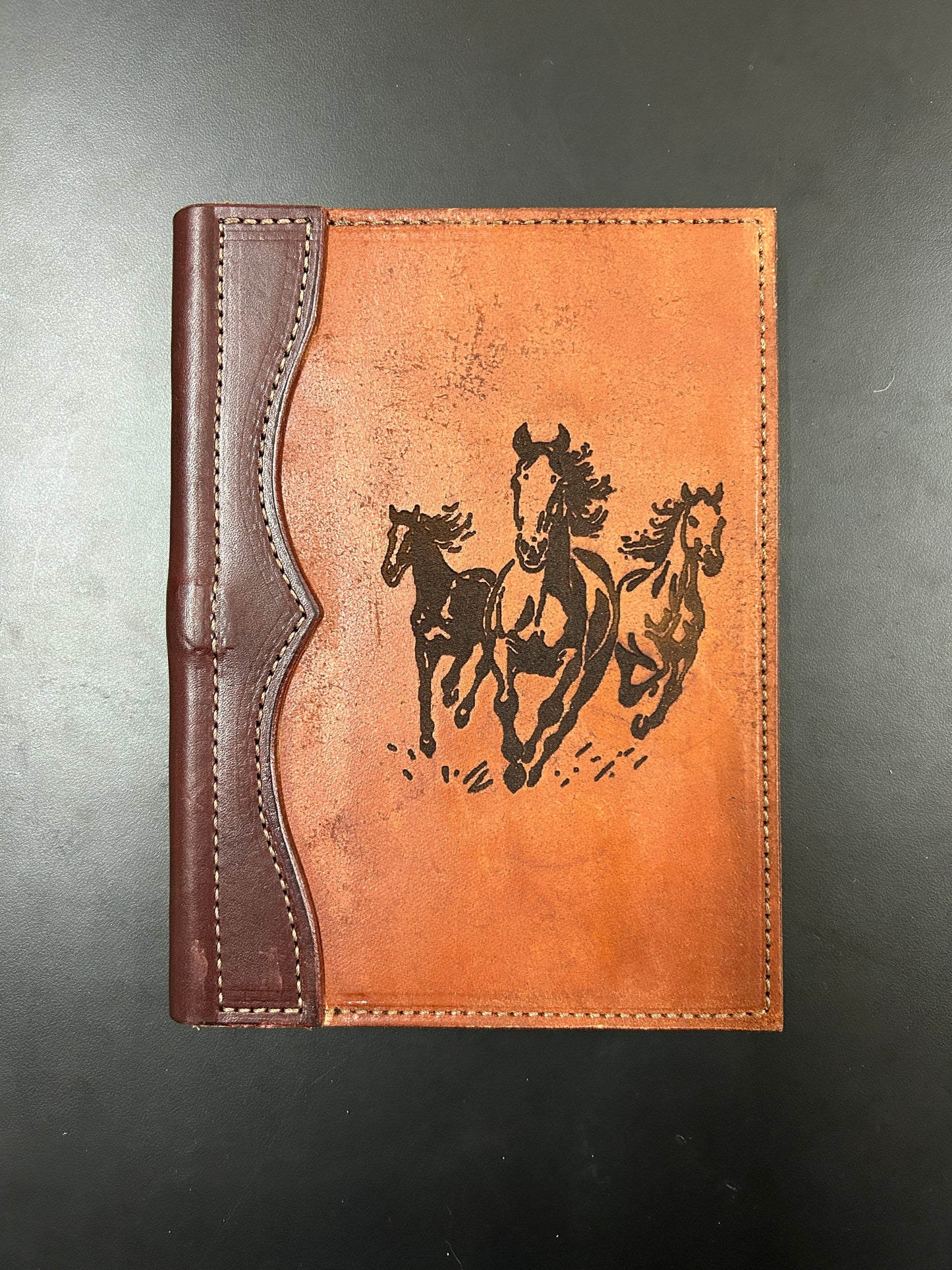 Leather padfolio, small, roughout cover with laser engraved design