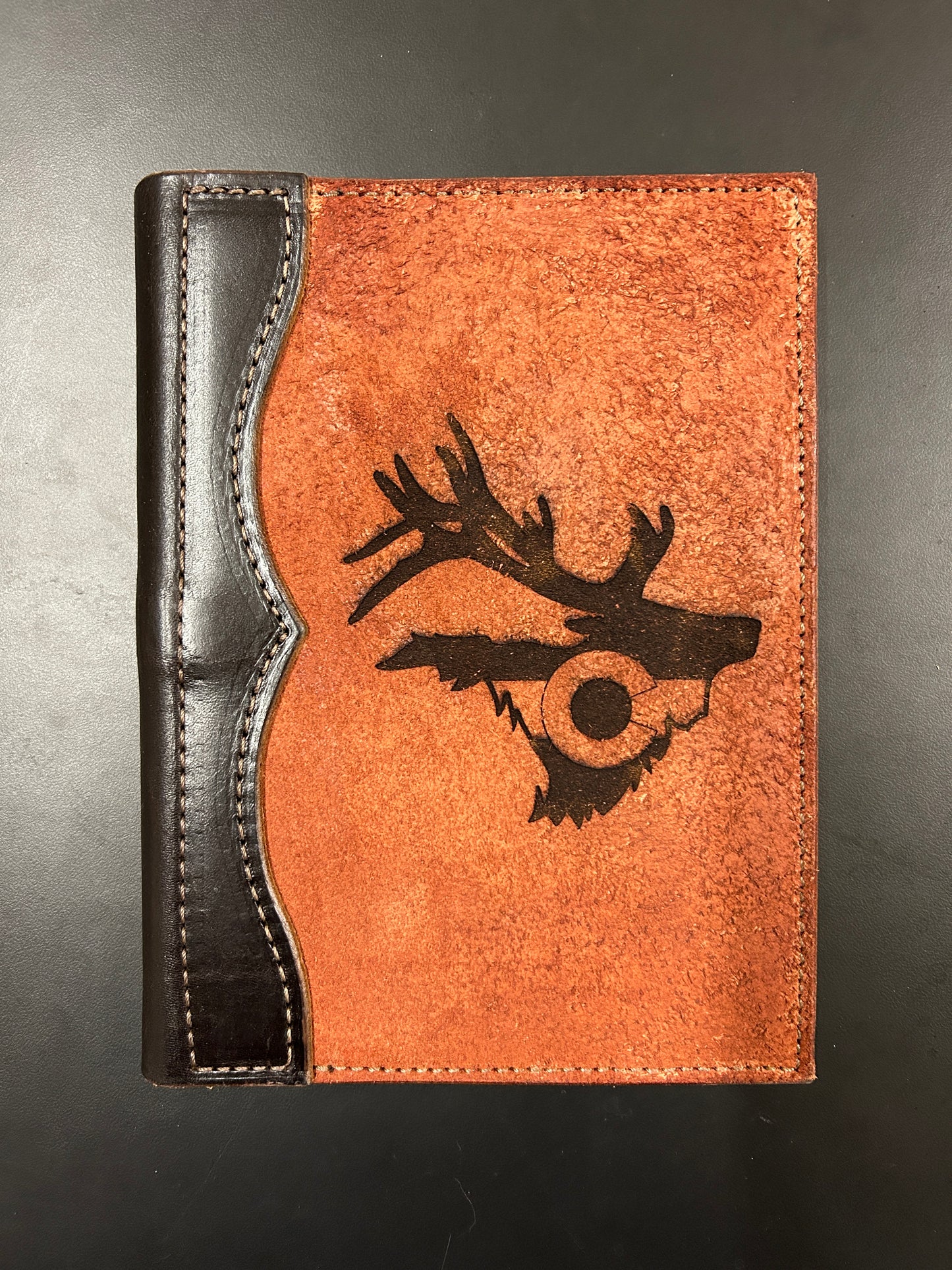 Leather padfolio, small, roughout cover with laser engraved design