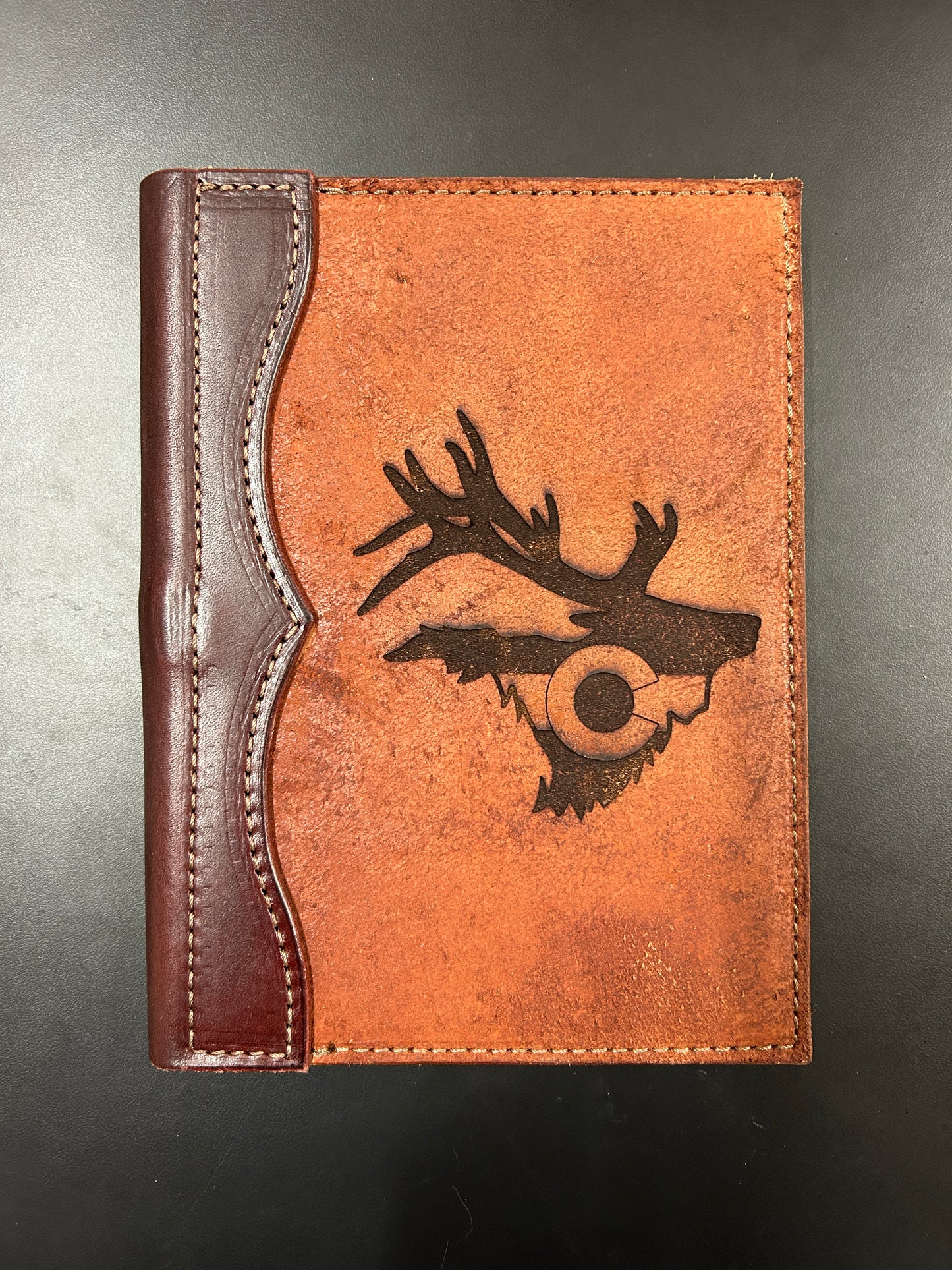 Leather padfolio, small, roughout cover with laser engraved design