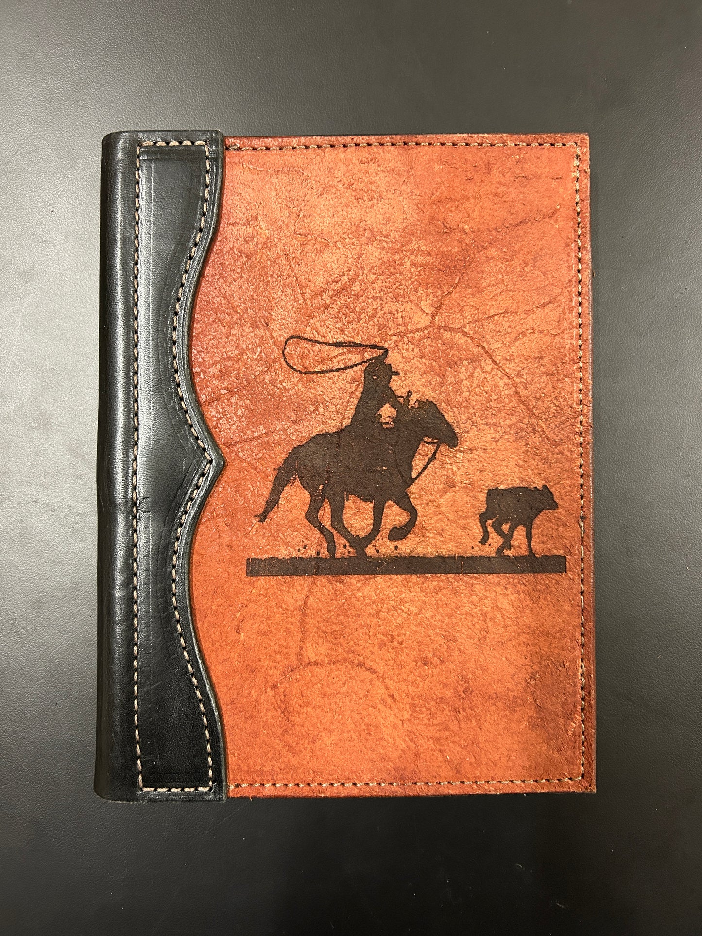 Leather padfolio, small, roughout cover with laser engraved design