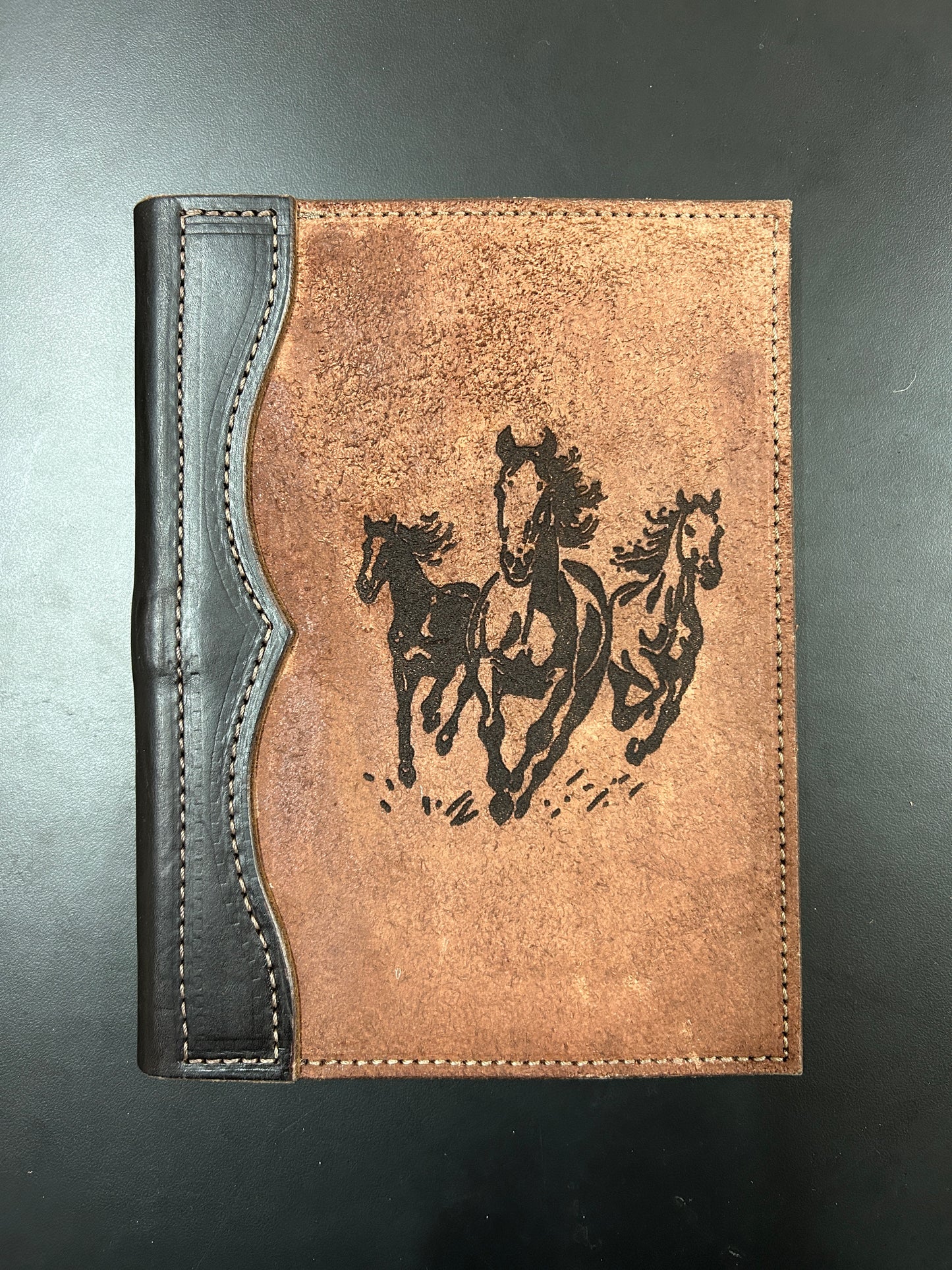 Leather padfolio, small, roughout cover with laser engraved design