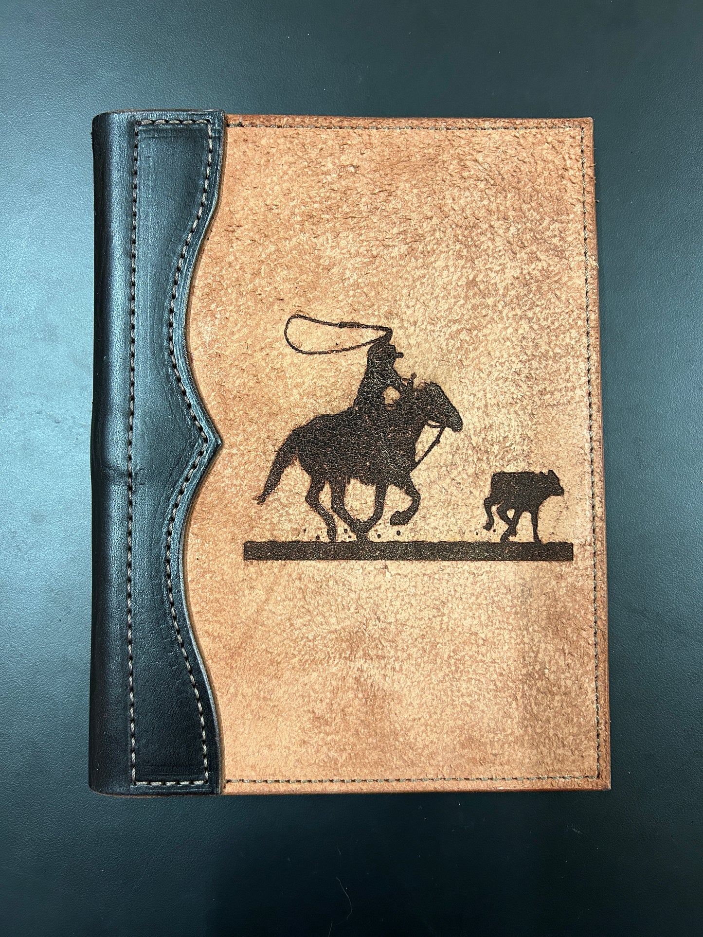 Leather padfolio, small, roughout cover with laser engraved design