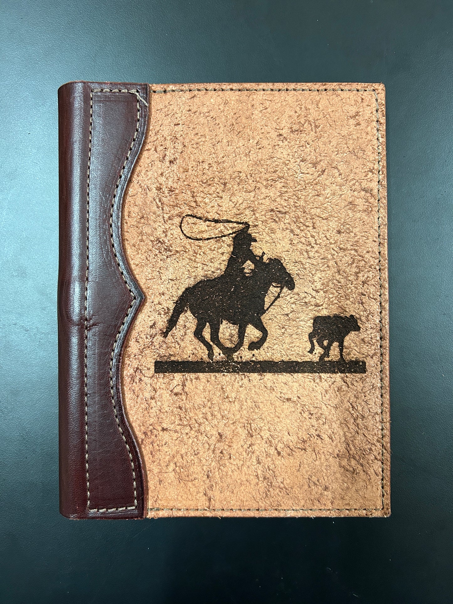 Leather padfolio, small, roughout cover with laser engraved design
