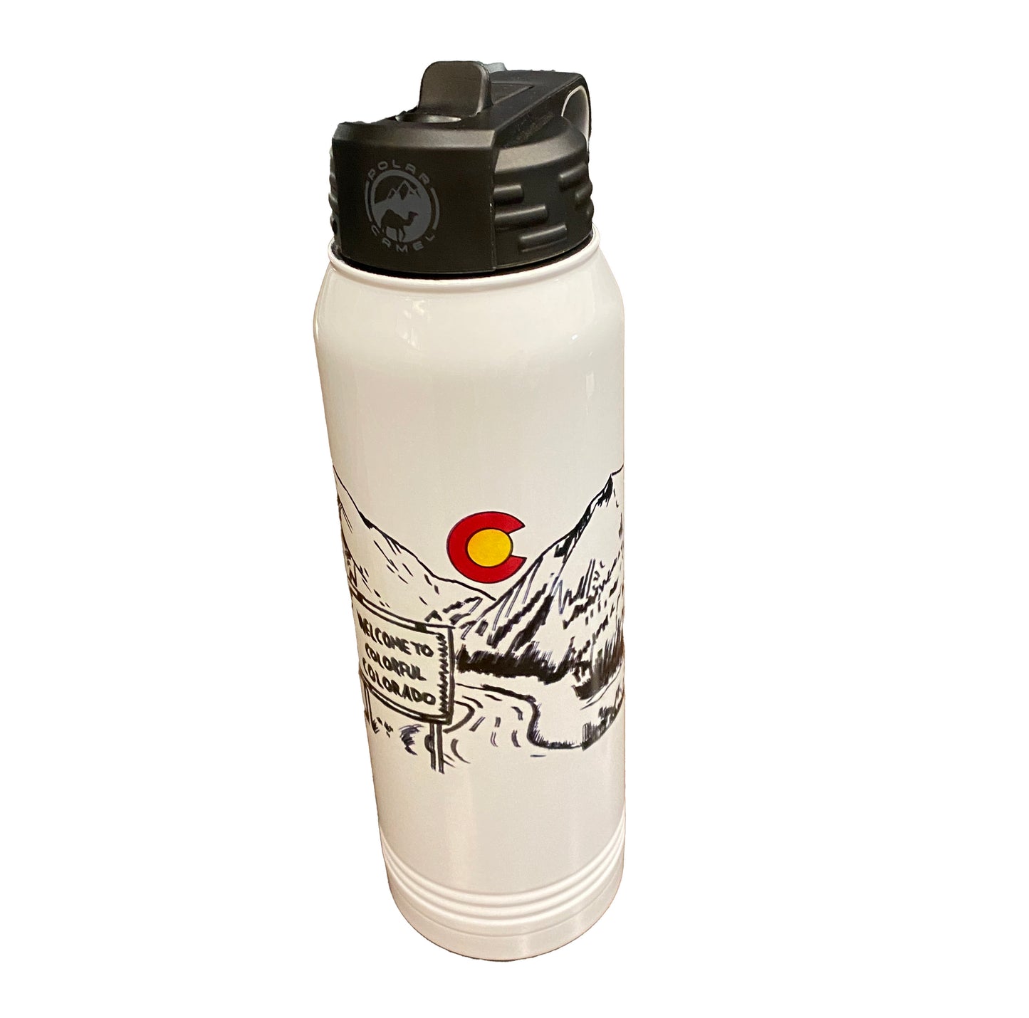 Insulated water bottle, 30oz, white with sublimated design