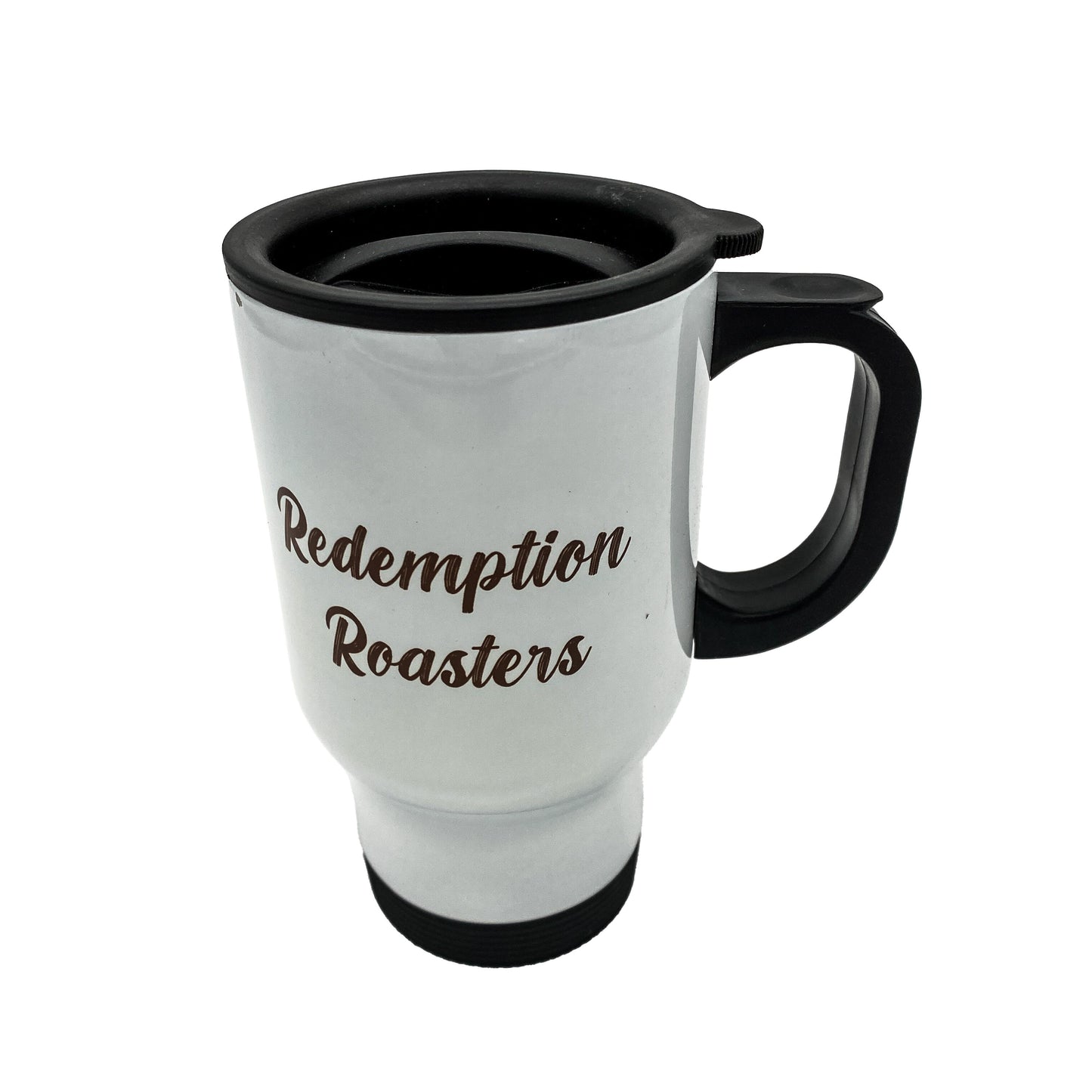 Travel mug with redemption roaster logo